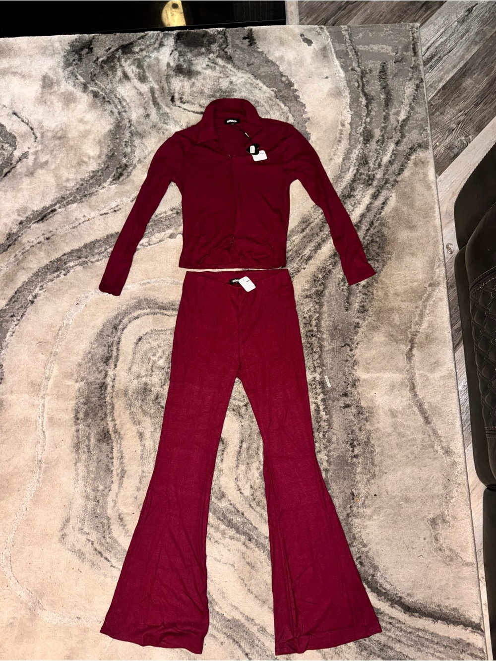 Fashion Nova Kids Wine Ribbed Zip-Front Top & Flared Pants Set